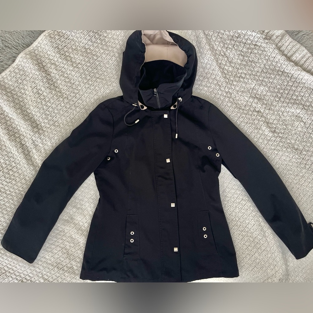 Jones New York Coat Anorak Black Tan Lined Detachable Hood Short Coat SZ:XS-S - Picture 9 of 9